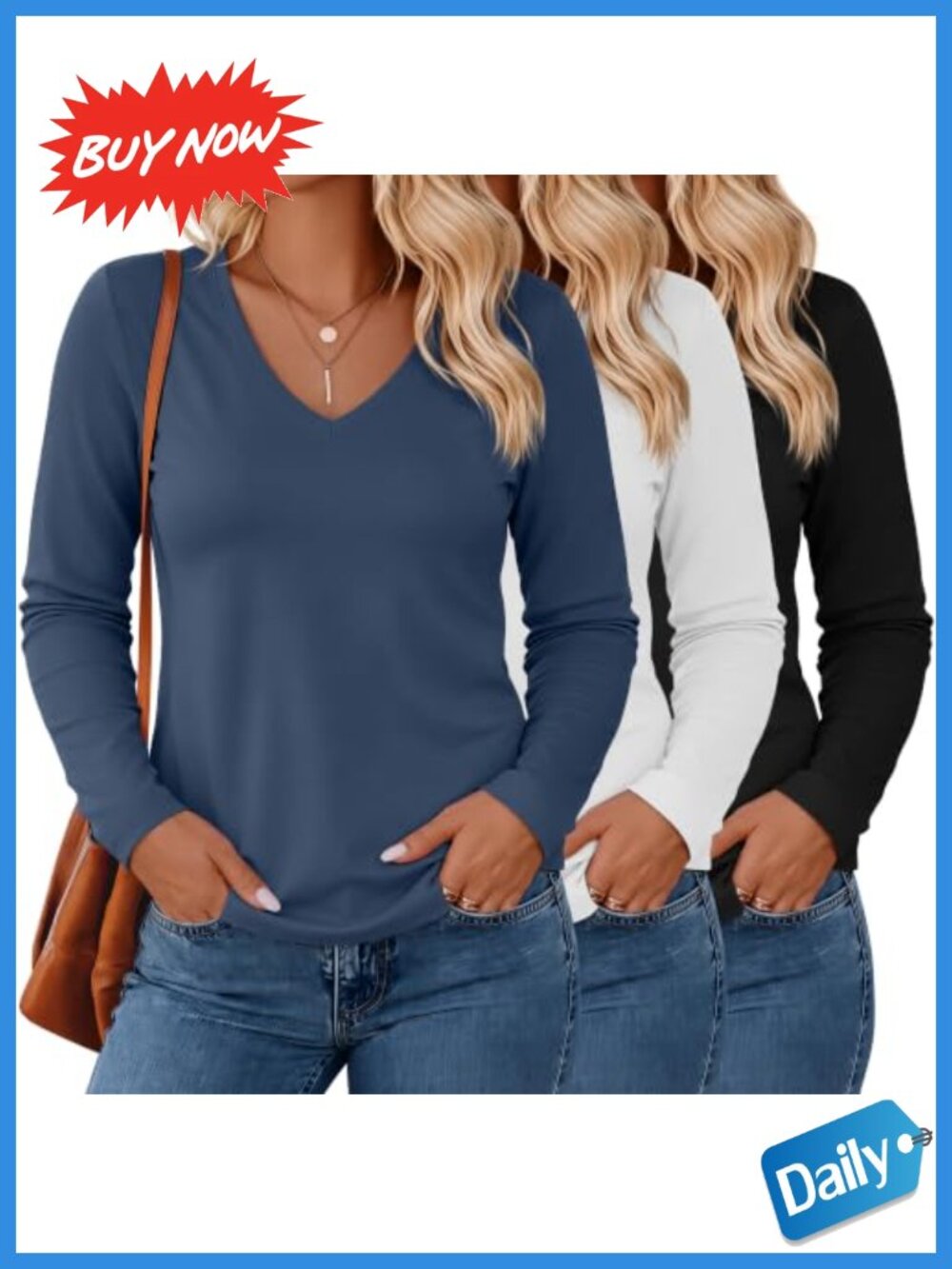 Plus Size V Neck Long Sleeve T-Shirts 3 Pack Cotton Stretch Slim Fit